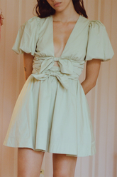 Deep V Neck Puff Sleeve Front Bow A - Line Mini Dresses - Green